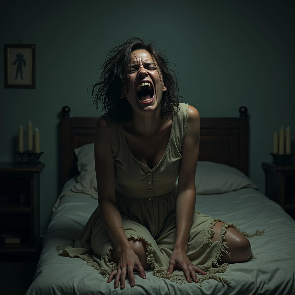 exorcist, An old house deep in the mountains of Europe, A beautiful American teenage girl possessed by a demon, On the bed, (Yellow Eyes、The pupils are), Arms tied to bed, Leg sheets, Girl in a whitish camisole, Self-inflicted scars on the face or body, Girl opens her mouth wide, Brow wrinkles, Growling in demonic form, Baby Face, Beautiful America, Various hairstyles、Blonde、1, Wounded Body, Pale Skin Tones, A bleak, dark room, Candles on the shelf, A Christian cross hangs on the wall, Dirty skin and clothes, Bloodstained Sheet, Veins on the face, Scars on the wall、Bloodstain、Creepy