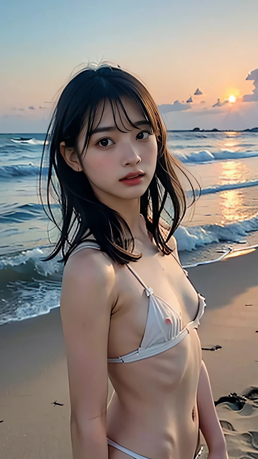 ((Detailed and realistic faces)), (), girl, (Baby Face), d thin body:1.2), (Small breasts), Beach, (nude), BREAK, Bob Hair, BREAK, (Brown Hair), BREAK, (Sad expression), (Blushing), (No makeup), Sitting cross-legged, Show me your armpits