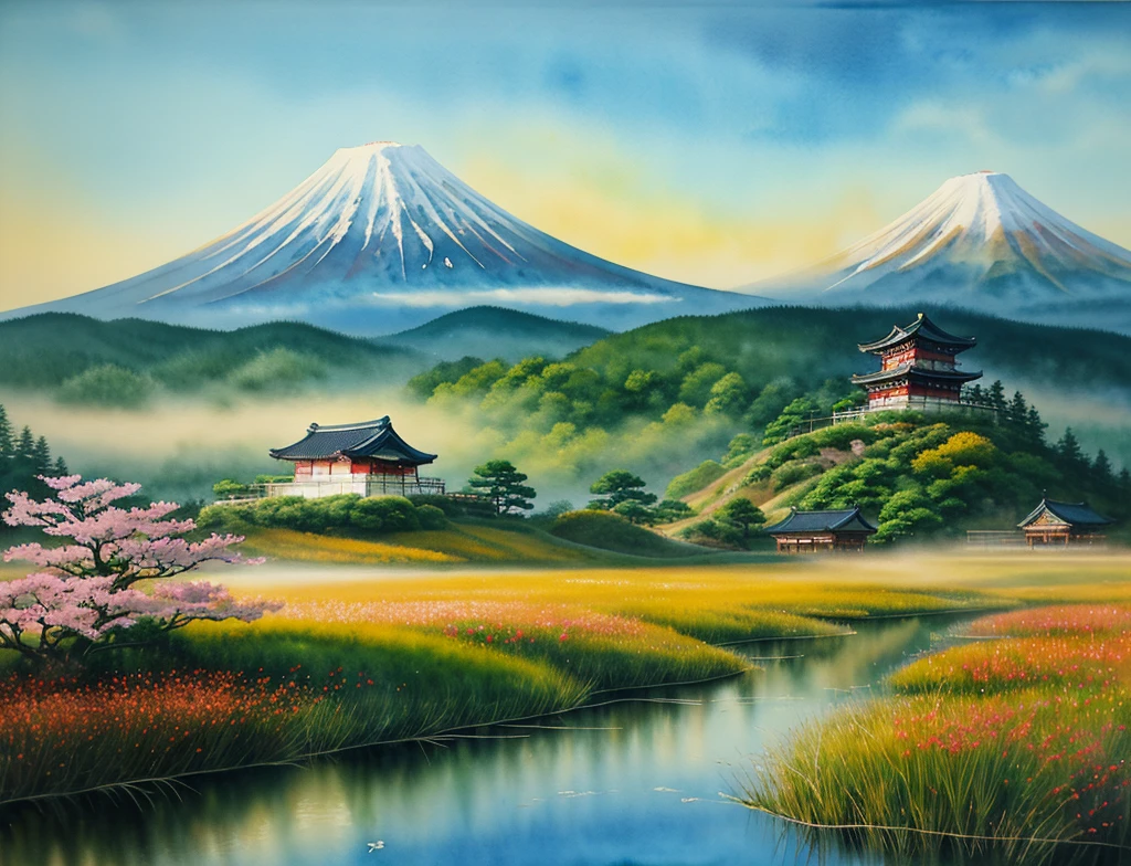  A fusion of watercolor and oil paintings ,  A mix of Japanese paintings ,  top quality , Super fine, 16k, incredibly absurdres,  very detailed, 2.5D,  Delicate and dynamic, Sparkling prairie , wind, wind effect, A distant view of a mountain in the center ,  A Japanese house in the foreground , Sparkling effect