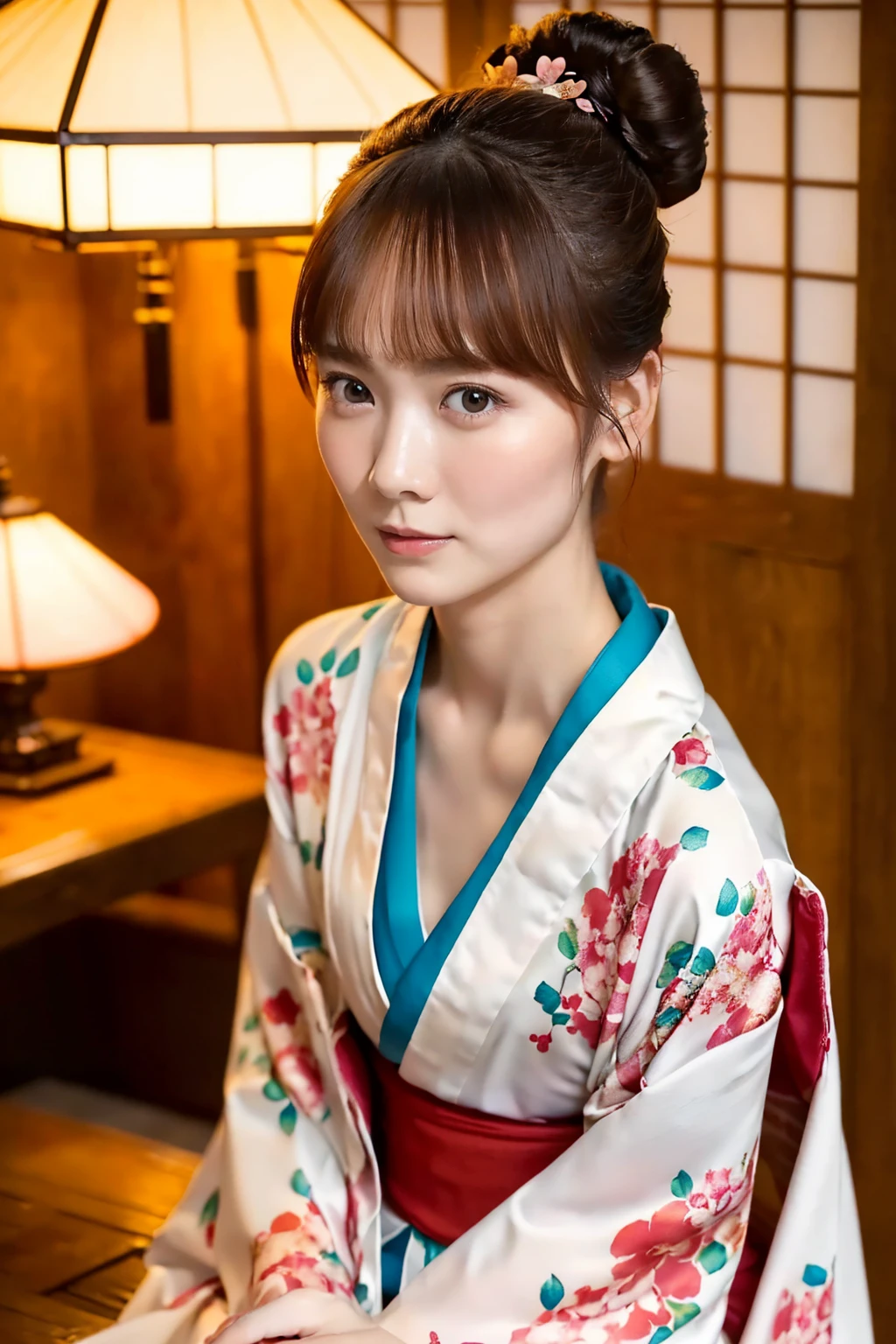 (最 High Quality 、 table top in bed、8k、 highest image quality taken by Ki、 Award-winning works )、(一人の beautiful女性:1.1)、(Innkeeper:1.1)、(Elegant floral kimono:1.2)、(A kimono with a perfect and accurate collar:1.2)、 Perfect Female Full Body Portrait Photography、 Glowing Skin、(((Relaxed collar、)))、( blurry, elegant, sophisticated, perfect Japanese style room background:1.3)、(The most natural and perfect clean Japanese style room background:1.2)、Glowing White Skin、 very white skin 、(18 years old:1.3)、(最も優雅なslouch姿勢:1.4)、( small breasts:1.2)、完璧な beautiful光沢のある唇、、( beautiful,  High Quality , Large kimono obi:1.2)、(Long kimono:1.2)、(完璧で自然な beautiful着物:1.2)、(Hair Bun:1.1)、( face making a call close-up:1.3),slouch,nsfw,Open-chested kimono,