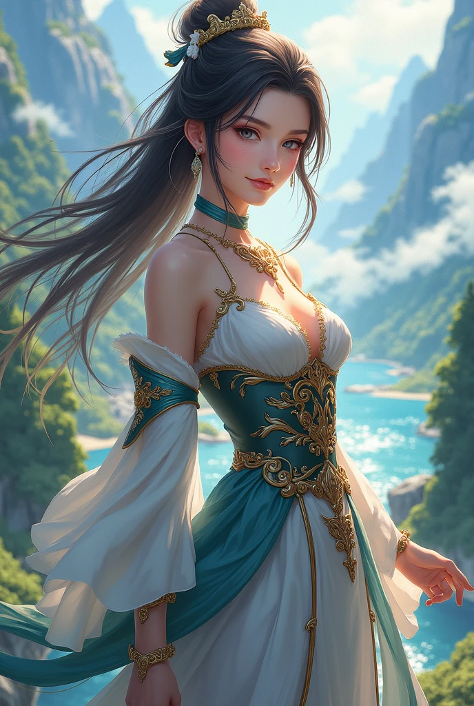 (Fantasy),原始の地表にFantasyにそびえたつ塔,The tower is surrounded by a lake、Back view of a beautiful woman looking at the tower from the top of a cliff,A god emerges from between the thick cumulonimbus clouds.々A bright light shines。An open plain stretching as far as the eye can see、The earth is covered with colorful plants.、Narrow eyes:1.5, Fine and beautiful eyes, Thin Hair, Detailed and realistic skin texture, (Smile:1.3)