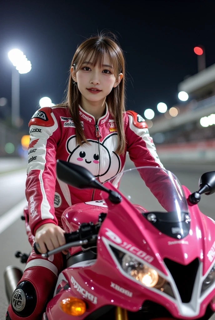 ultra-realistic, photorealistic, dramatic scene, shadow, global-illumination, solo, very beautiful Japanese woman, she is high school student but professional motorcycle racer, very beautiful with very cute but boyish cool face, She is riding a motorcycle of Honda's CBR1000RR racing motorcycle, at the circuit at night, lots of spectators on the stand, wearing a very cute white daikon radish character printed pink with white colored leather racing suits, very tight fitting, holding a SHOEI full-face helmet, the white daikon that printed on her tee is 1 daikon\(large, very cute white daikon radish character, very cute smiled face, detailed surface texture, chubby, full body\), (spot lighting), professional lighting, smile, (very wide shot)