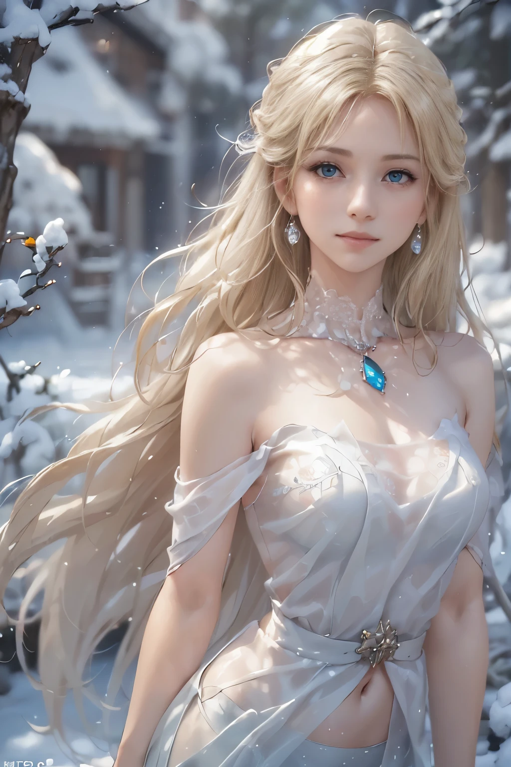 (photorealistic:1.8, highest quality:1.8,8k Masterpiece:1.8,High resolution,muste piece:1.8), 1 23 year old woman standing on snow mountain,fantasy,(transparent dress、mini skirt,Transparent Shawl、Elegant earrings、choker), beautiful detailed blue eyes:1.7,double eyelid:1.6,beautiful skin:1.8, (looking at the camera:1.2),(Photo seen from below:1.3),(long Hair:1.2,beautiful shining blonde hair:1.5), expression(Impish Smile:1.3,face turns red:1.3),(Moderate chest:1.3),Pause(Seductive pose:1.5),background(snow scene:1.5,snow mountain:1.3,fairyland forest),(slender:1.2),(detailed perfect face),normal hands:1.5,Normal finger:1:5,normal feet:1.5,( cameltoe)