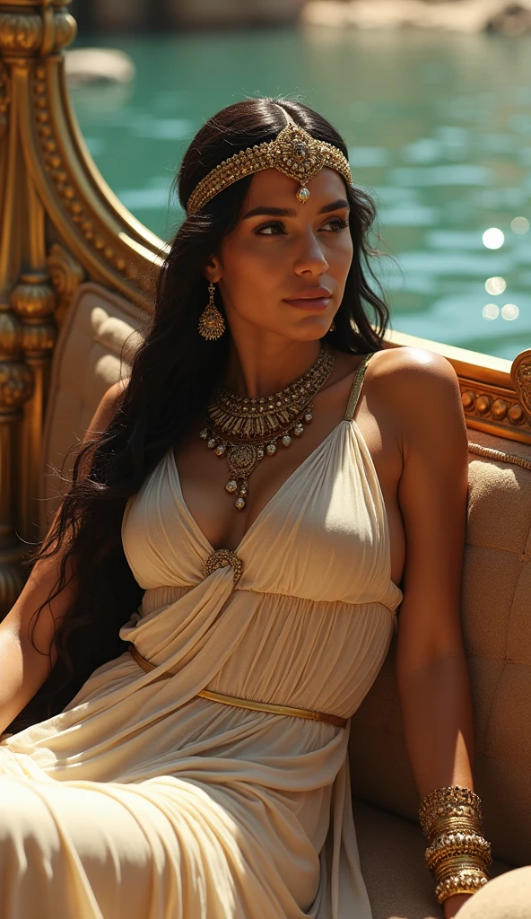 create a woman, that she has the beauty of Cleopatra, that she wears white clothes, golden jewelry and lies down 

