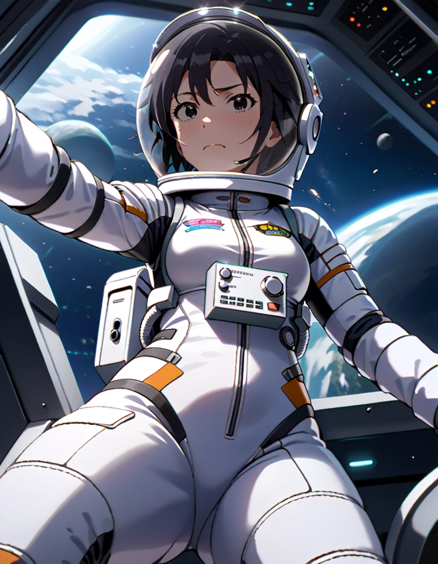 (spacesuit:1.15), white cargo pants, astronaut)bubble helmet, space helmet, white gloves,  sweat, blushing, , looking at the audience, outer space, floating, masterpiece, best quality, 1girl, beautiful, image from below, solo, , kkcmkt, short hair, black hair, antenna hair, hair between eyes, black eyes, medium breasts, serious face, fullbody