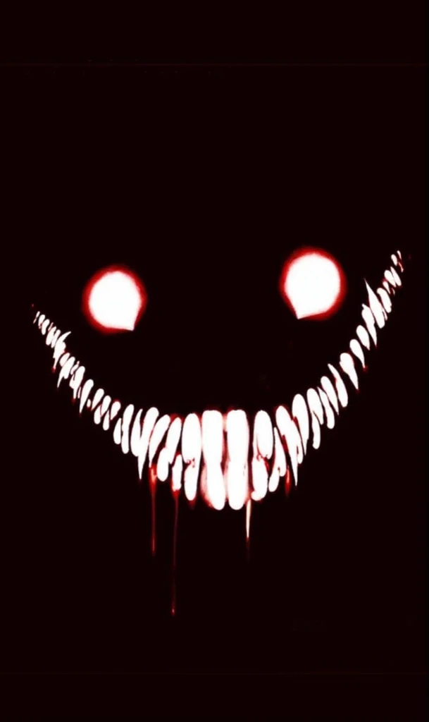 Dark-colored creature with an evil disturbing smile and a full adult body