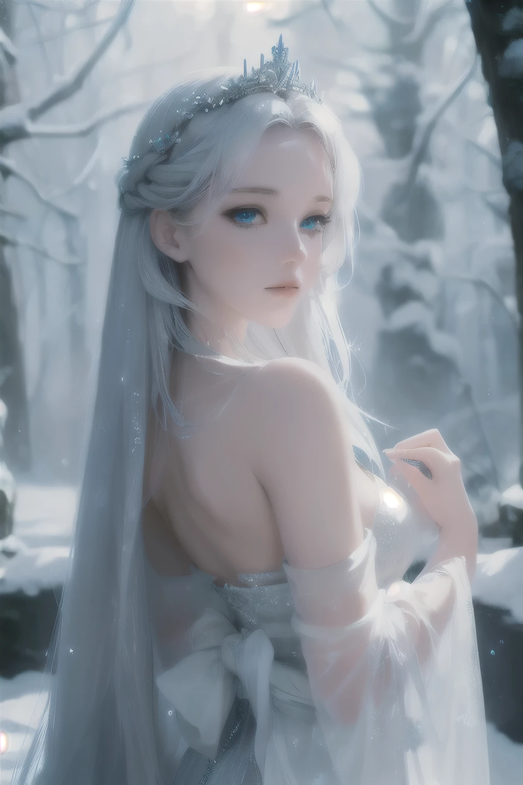 White hair girl, beautiful detailed eyes, pale skin, flowing white hair, elegant pose, fantasy setting, soft lighting, ethereal atmosphere, mesmerizing gaze, delicate features, porcelain-like complexion, long white hair cascading down her back, intricate braids adorned with flowers, silver crown on her head, sparkling snowflakes falling around her, snow-covered landscape, shimmering blue dress, graceful movement, dreamlike aura, enchanting beauty, enchanted forest, surreal color palette, delicate snowflakes melting on her fingertips, frozen breath in the air, winter wonderland scenery, magical glow surrounding her, serene expression, captivating presence, subtle hints of blue and silver, soft rays of sunlight filtering through the trees, tranquility and peace in her presence, icy blue eyes reflecting the beauty of her surroundings, dreamy and otherworldly atmosphere, a touch of mystery, artistic masterpiece, high resolution details, stunning portrait, portrait in a fairytale world.