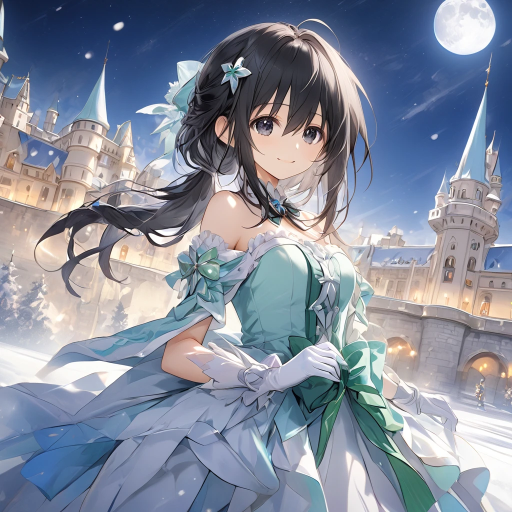 ( 1 girl), Green \(Neptunia )\, black hair, black eyes,(smile:1.5)、blush、(low ponytail:1.5), (long sidelocks:1.5), ,( small tits:1.5),( dress:1.5),gloves,snow,night、moon、European castle promenade、front、(whole body:1.5)、( perfect anatomy ),( best quality), ( ultra hi-res), (超 high definition ), ( Highly Detailed CG), (32K), (masterpiece)、eyesHD