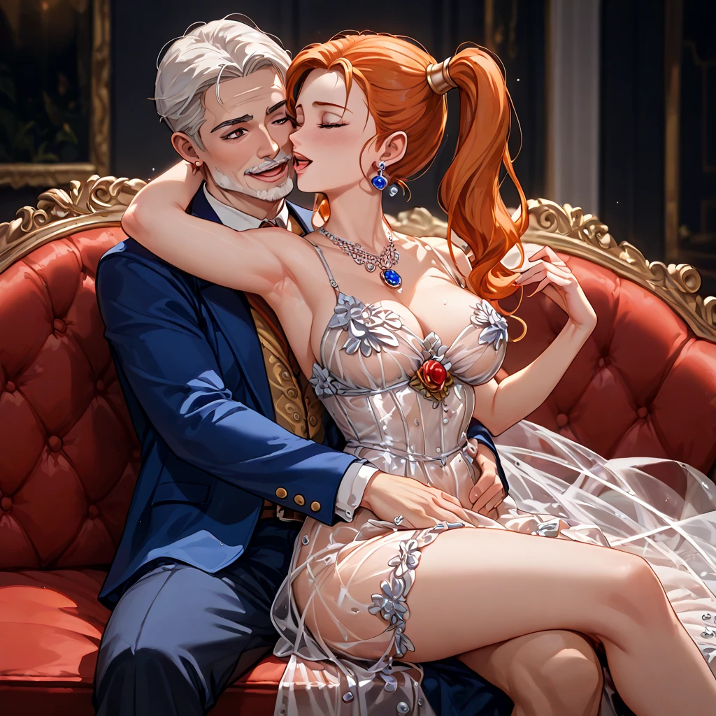 (( top quality )), ((masterpiece)), ( Details), （ perfect face）、Orange-haired Jessica Albert, who became the count's wife after a political marriage, is loved for wearing a sexy, jeweled, see-through dress, hugged, kissed, and shelved sex with her husband, an old count man、 sitting on a luxurious sofa