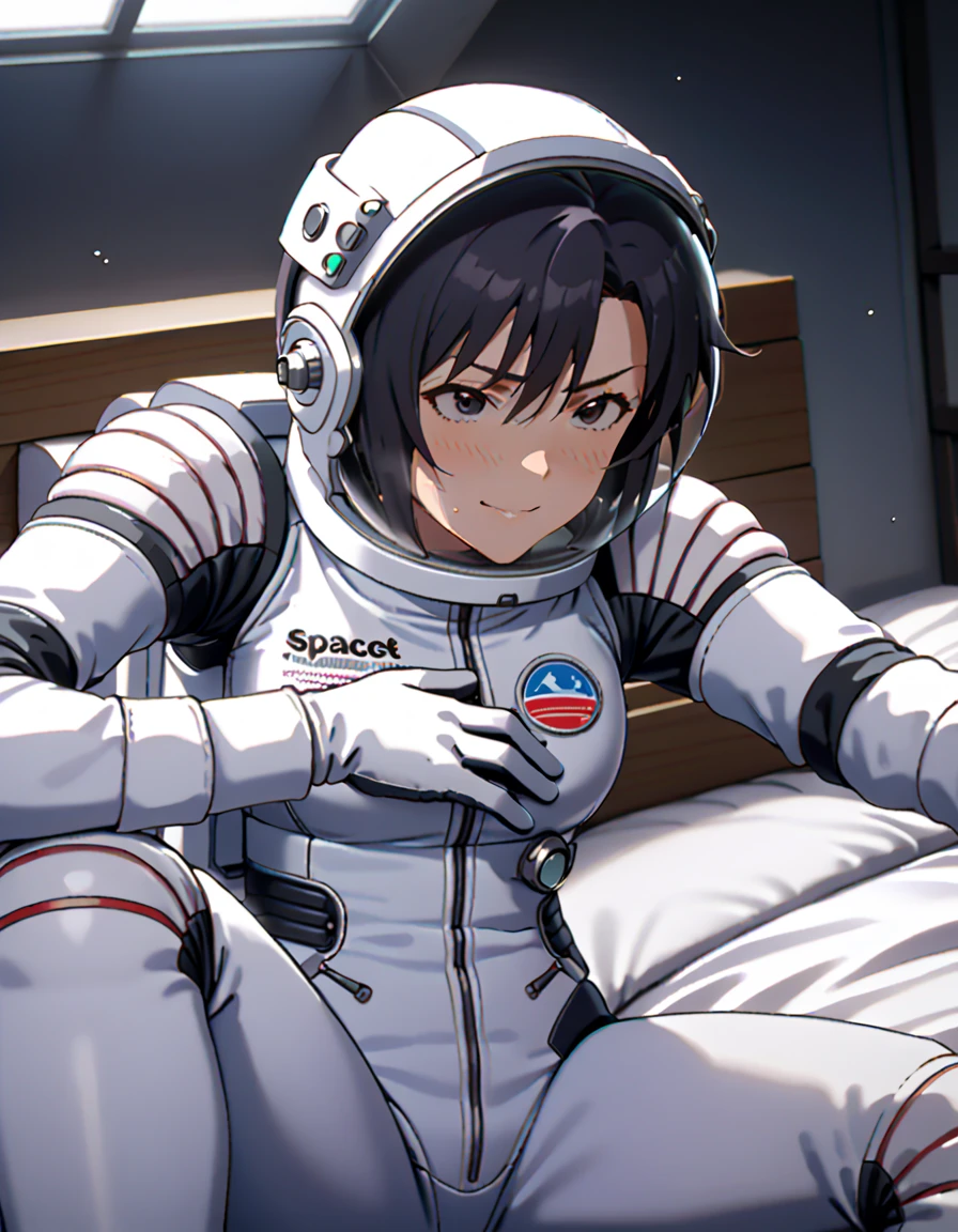 (spacesuit:1.15), white cargo pants, astronaut)bubble helmet, space helmet, white gloves,  Masturbating,  sweat, blushing, , looking at the audience, lying , indoors, in bed, bed, masterpiece, best quality, 1girl, beautiful, solo, , kkcmkt, short hair, black hair, antenna hair, hair between eyes, black eyes, medium breasts, smile, serious face, fullbody