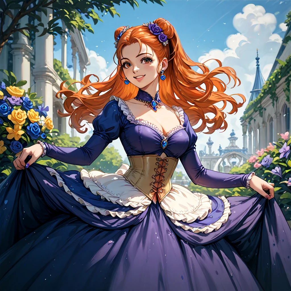 (( top quality )), ((masterpiece)), ( Details), （ perfect face）、The orange-haired Queen Jessica Albert is smiling in a gorgeous and elegant vintage Victorian dress in a pose showing off her charming body