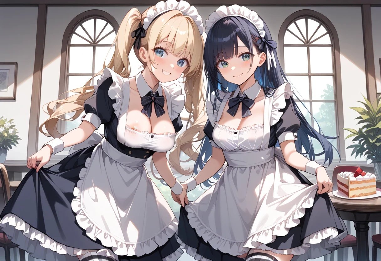 ((masterpiece, best quality, ultra detailed, high resolution, detailed facial description)), (2 girls:1.3, Girls with height differences), (1 girl is tall:1.2, black long hair), (1 girl is short:1.2, twin tails), (maid, maid headdress, maid apron), (mini skirt:1.2, black and white striped thigh highs:1.1), (skirt lift:1.3, show panties:1.1), (modest breasts:1.3), (good smile, blush:1.3), (spoken heart), (open blouse:1.2, show breasts:1.3, nipple slip:1.1), leaning forward, standing, (inside, maid cafe:1.1, Cake on the table), nsfw