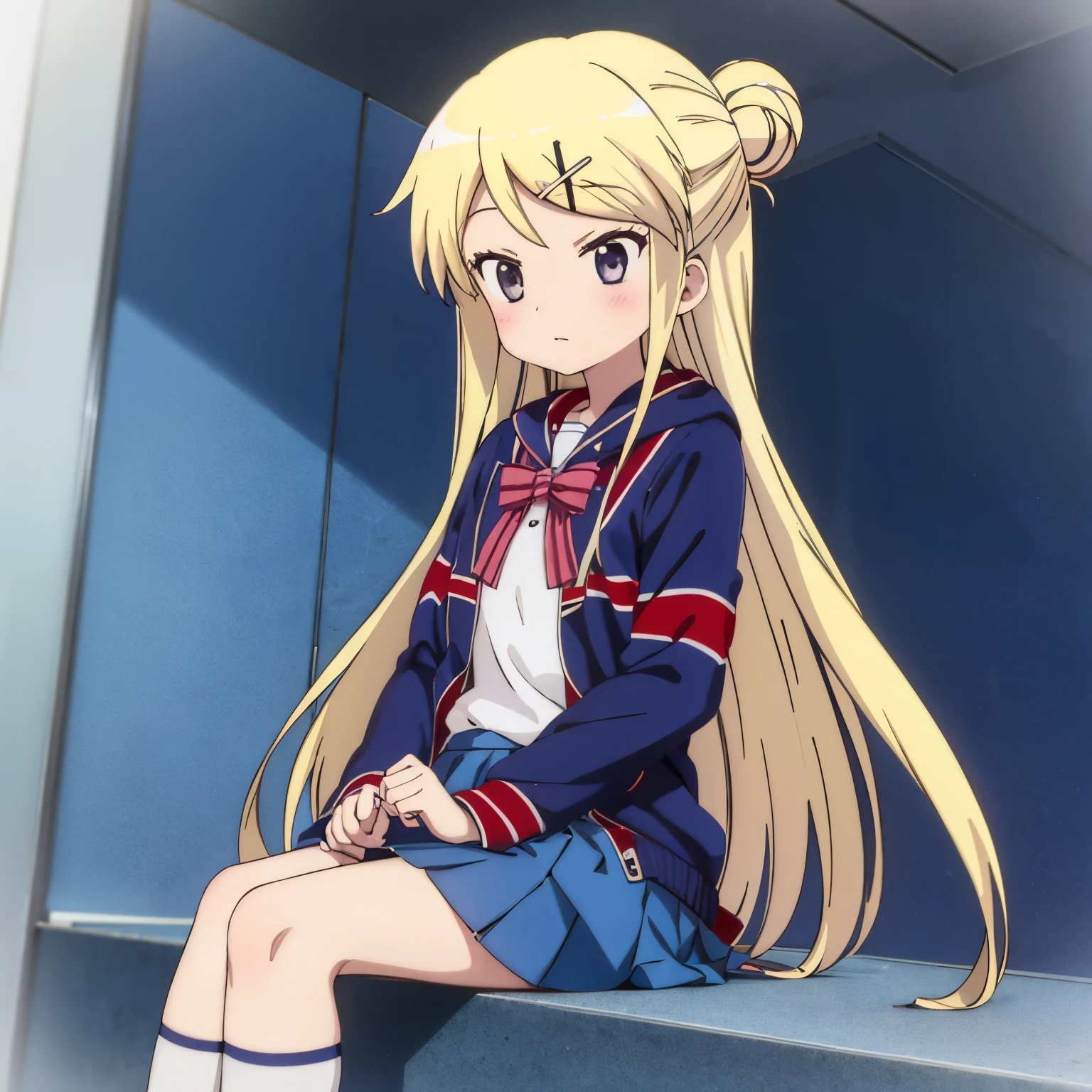 A high school girl in a sailor uniform sitting by the school pool holding her lap and watching,kujo karen union jack jacket, striped bow, white shirt, long sleeves, pleated skirt, blue skirt, kneehighs,

