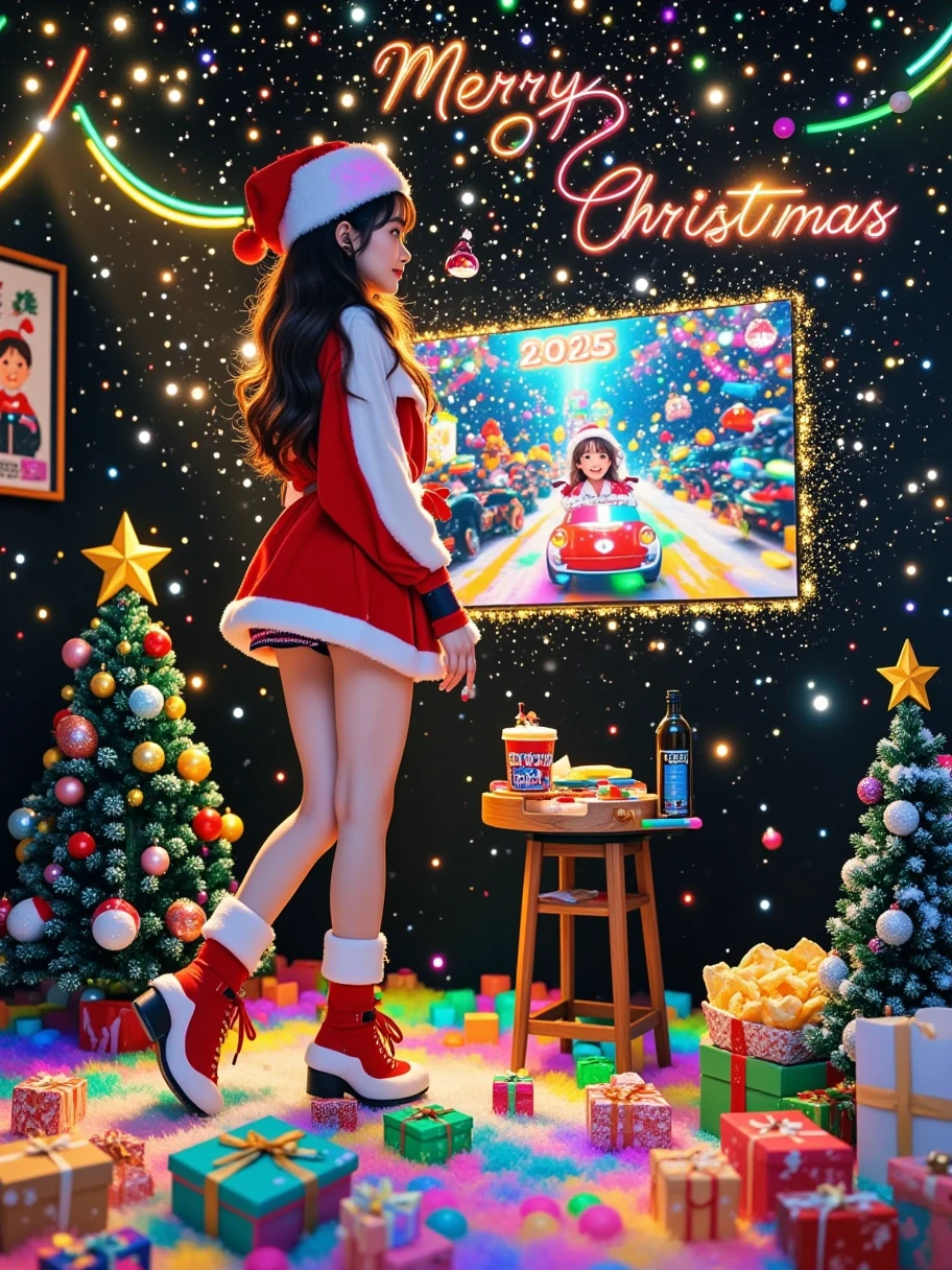 In a 3D cartoon game scene, a woman dressed in Christmas attire, with a slim figure, immerses herself in a fun filled game room, and the entire picture is full of vitality and excitement. The lights in the room are colorful, with a "2025" poster hanging on the wall, surrounded by sparkling neon light strips and Christmas tree decorations full of Christmas themes. In the center of the room, there is a large screen TV displaying a cartoon style Christmas racing game. Give people a strong e-sports atmosphere, surrounded by snacks and drinks such as potato chips, popcorn and juice, gift boxes, shopping bags, etc. This adds a relaxed and pleasant atmosphere.