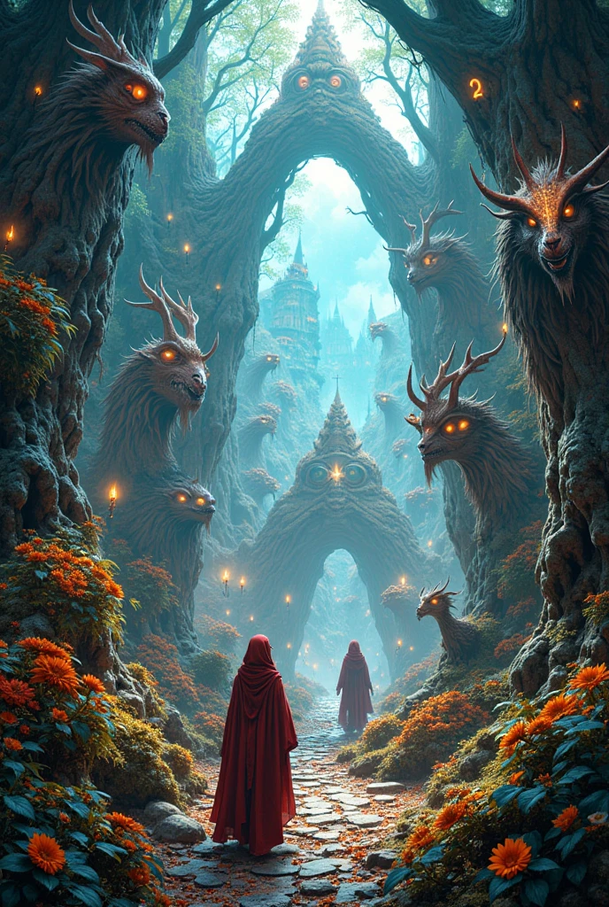 The fantasy worldview that fills the image, the characters, animals and plants that are packed to the brim, the mysterious letters and symbols, etc, using colorful and smokey colors, professional and perfect composition, extremely delicate depiction, extremely clear image, effective effects, bold and dynamic, contrasts of light and shadow, 2.5D, artistic photography, hyper realistic, ultra detailed, absolutely resolution, masterpiece