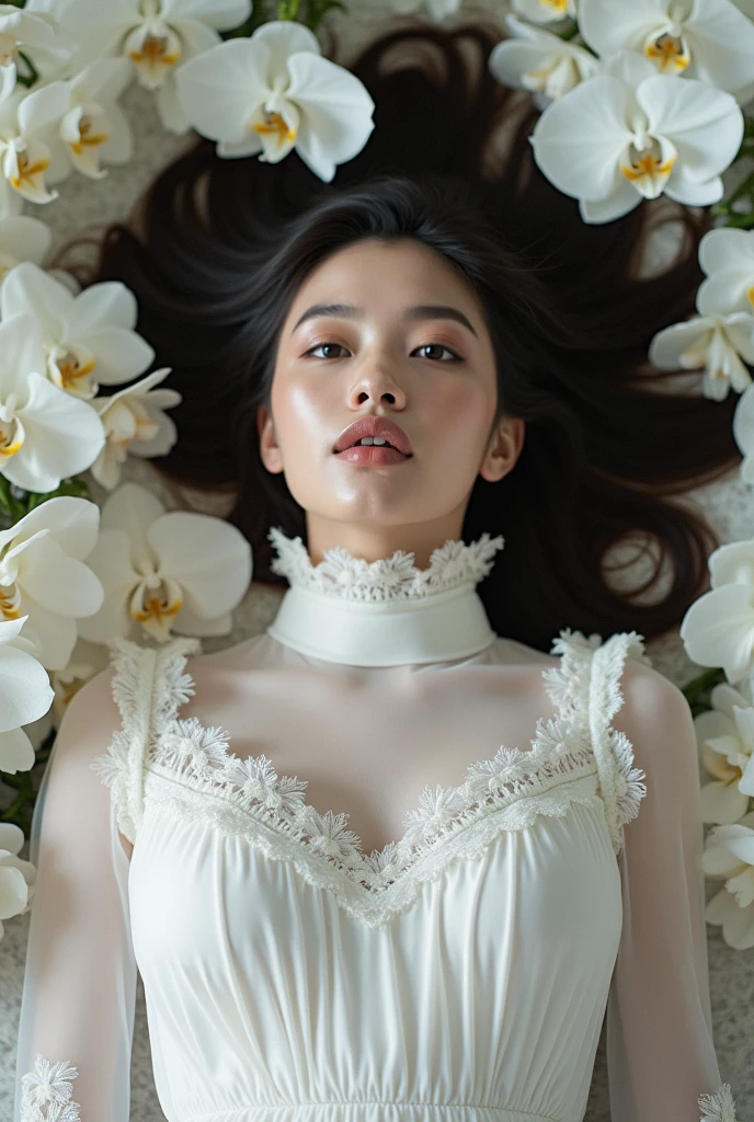 a woman with long black hair and white flowers in her hair is laying down in a field of white flowers, full body,(amy sol:0.248), (stanley artgerm lau:0.106)
