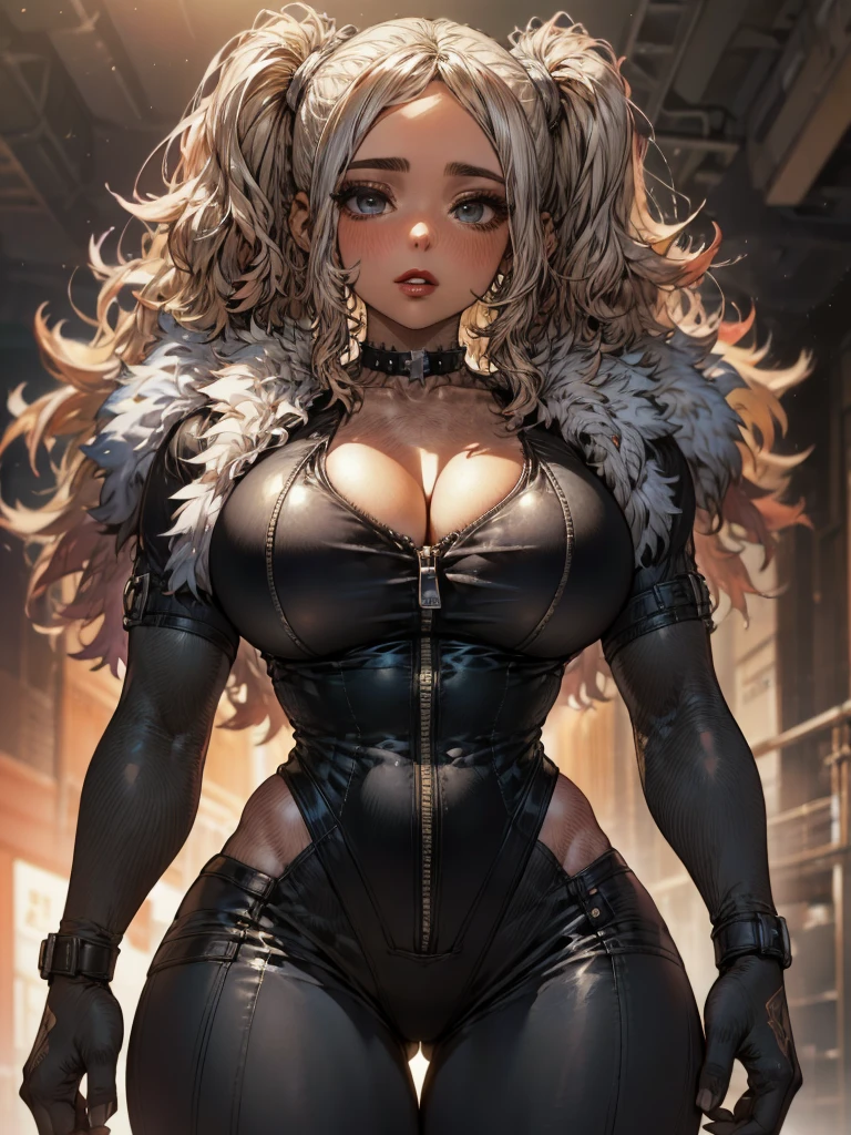 de forehead,parte superior do Corpo, looking at the spectator , to break, cartoon_Felicia_black cat_ownwaifu, www.ownwaifu.with,  long hair , white hair,lipstick, Blue Eyes,makeup,lips, Big breasts ,collarbone,red lips,claws,very  long hair , Mask,bodysuit,domino Mask,shezfe , choker ,White Shezfe  ,collar,superhero, black jumpsuit ,fur trim, cleavage,skin tight,zipper,spiked collar,deswithpactado,jewelry,black  choker ,latex,bright,central opening, to break, official art, extremely detailed CG Unity 8k wallpaper ,  perfect lighting pants,colorful, bright_forehead_face_Lighting,bright skin, ( masterpiece :1.0),(better_quality:1.0),  ultra high resolution ,4K, Ultra-detailed, photograph, 8k, HDR,  highres icon, (absurdities:1.2),  Kodak portra 400,  movie grain ,  blurry background, (bokeh effect:1.2),  lens reflection , (vibrant_Cor:1.2),photograph profissional, (beautiful_face:1.5),  bulging breasts , Torpedo breasts,  Hypermuscular Body,  very muscular girl , Super huge biceps, ripped muscles, White  long hair 