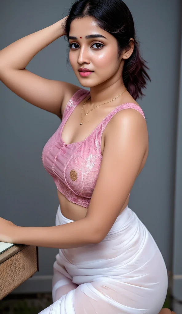 front view, extreme long shot photo of sexy indian, look at viewer and subtle smile, curvy athletic figure, open arms, sexy armpits, sweating, doing push ups in fog, ponytail, necklace, white see through lace bra, pink blouse saree, glossy lips, (cinematic:1.3), intricate details, (ArtStation:1.2)Ponytail, Ponytail, Ponytail, 