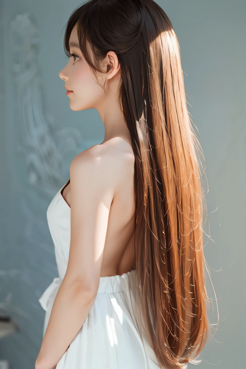 A woman with beautiful hair、Only hair、Back view、photograph、high resolution、straight、natural、White background、Smooth、Fluttering