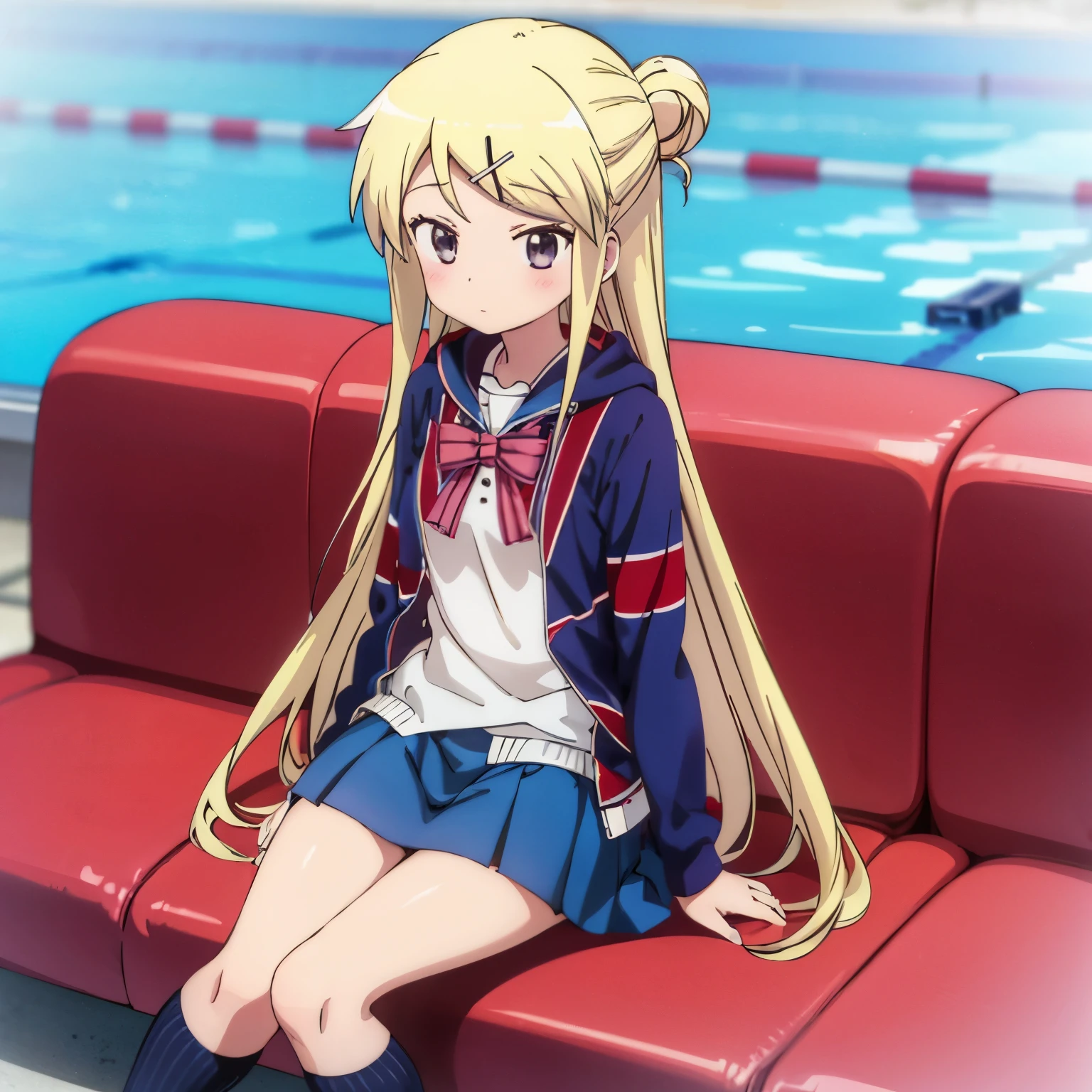 A high school girl in a sailor uniform sitting by the school pool holding her lap and watching,kujo karen union jack jacket, striped bow, white shirt, long sleeves, pleated skirt, blue skirt, kneehighs,

