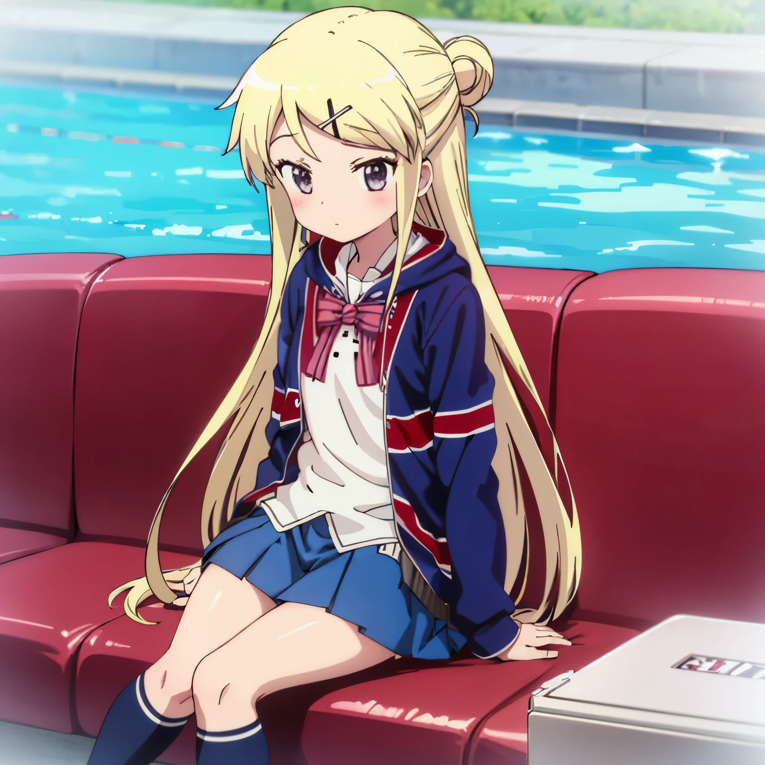 A high school girl in a sailor uniform sitting by the school pool holding her lap and watching,kujo karen union jack jacket, striped bow, white shirt, long sleeves, pleated skirt, blue skirt, kneehighs,

