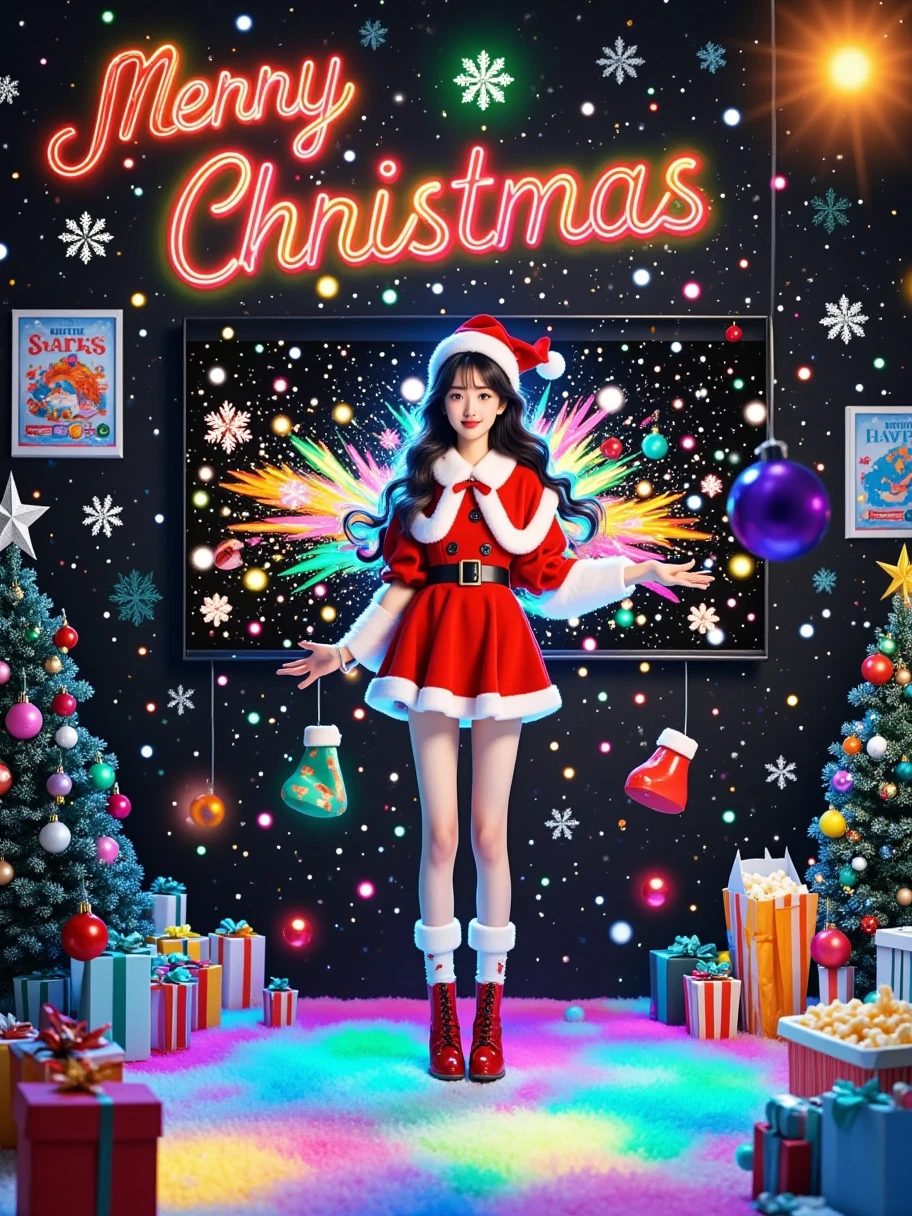 In a 3D cartoon game scene, a woman dressed in Christmas attire, with a slim figure, immerses herself in a fun filled game room, and the entire picture is full of vitality and excitement. The lights in the room are colorful, with a "2025" poster hanging on the wall, surrounded by sparkling neon light strips and Christmas tree decorations full of Christmas themes. In the center of the room, there is a large screen TV displaying a cartoon style Christmas racing game. Give people a strong e-sports atmosphere, surrounded by snacks and drinks such as potato chips, popcorn and juice, gift boxes, shopping bags, etc. This adds a relaxed and pleasant atmosphere.