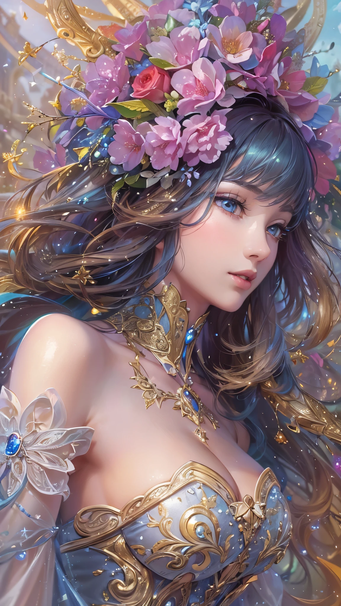 beautiful girl stories that are admirable, A captivating anime girl gracefully emerges from the pages of a watercolor painting, her vibrant and intricate colors breathing life into the artwork, She dons an extraordinary fantasy costume adorned with delicate details, reflecting the enchanting world she inhabits, Luminescent elements, like glowing crystals and ethereal wisps, surround her, casting a soft, otherworldly glow,  The watercolor style imbues the image with a sense of fluidity and delicacy, as if the colors are effortlessly blending and bleeding into one another, Camera shot: medium shot, soft focus, luminescent glow　Lighting, watercolor brushstrokes, Sophisticated and very delicate anime illustration, unique colors, portrait of an anime girl, infinite love, rainbow-colored,  beautiful girl illuminated by seven colors of light,