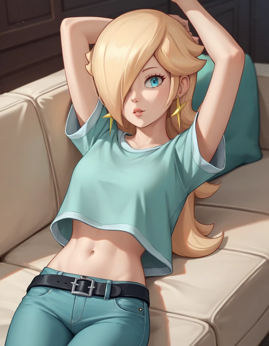 score_9, score_8_up, score_7_up, source_anime, rosalina, blonde hair, blue eyes, hair over one eye, long hair, star earrings, solo, cowboy shot, black t-shirt, taut clothes, midriff, navel, jeans, black belt, laying on sofa, arms up