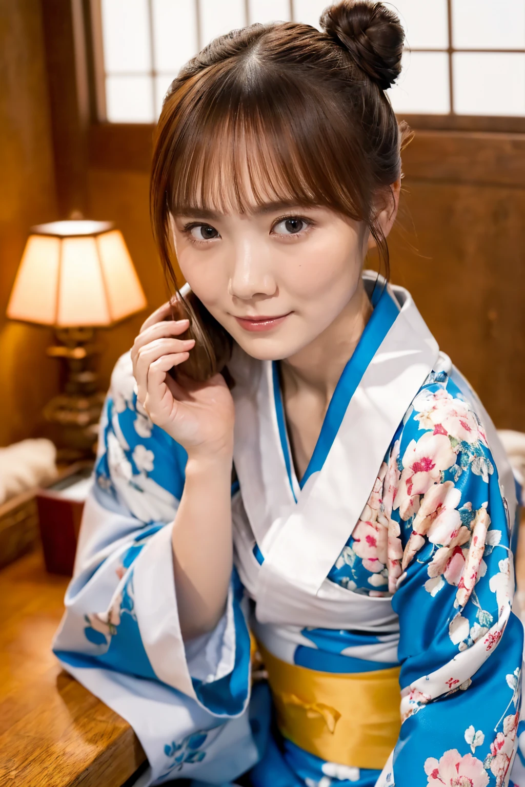 (最 High Quality 、 table top in bed、8k、 highest image quality taken by Ki、 Award-winning works )、(一人の beautiful女性:1.1)、(Innkeeper:1.1)、(Elegant floral kimono:1.2)、(A kimono with a perfect and accurate collar:1.2)、 Perfect Female Full Body Portrait Photography、 Glowing Skin、(((Relaxed collar、)))、( blurry, elegant, sophisticated, perfect Japanese style room background:1.3)、(The most natural and perfect clean Japanese style room background:1.2)、Glowing White Skin、 very white skin 、(18 years old:1.3)、(最も優雅なslouch姿勢:1.4)、( small breasts:1.2)、完璧な beautiful光沢のある唇、、( beautiful,  High Quality , Large kimono obi:1.2)、(Long kimono:1.2)、(完璧で自然な beautiful着物:1.2)、(Hair Bun:1.1)、( face making a call close-up:1.3),slouch,nsfw,Open-chested kimono,