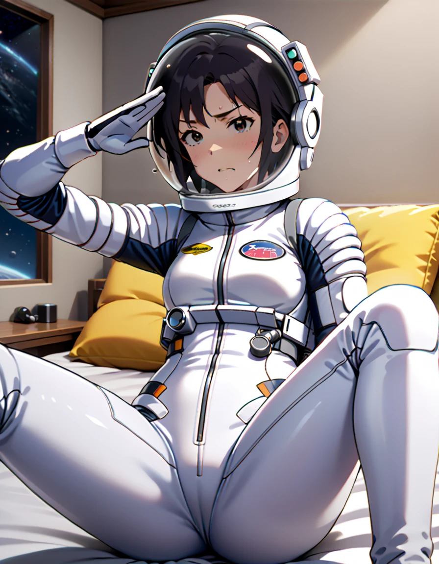 (spacesuit:1.15), white cargo pants, astronaut)bubble helmet, space helmet, white gloves, masturbating, sweat, blushing, , looking at the audience, lying, spread legs , indoors, in bed, bed, masterpiece, best quality, 1girl, beautiful, solo, , kkcmkt, short hair, black hair, antenna hair, hair between eyes, black eyes, medium breasts, serious face, saluting, fullbody