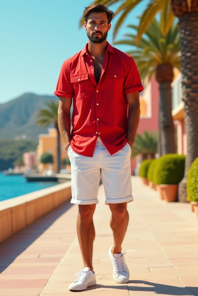 A beautiful 25 years young Italian man with a short beard and short hair, in red shorts, in front of swimming pool look in the camera. High sunlight. Calm. Relaxed. Smile. Sweat. Sunglasses. Full Body view. Full Body picture. Upper Body naked. Wet Upperbody.