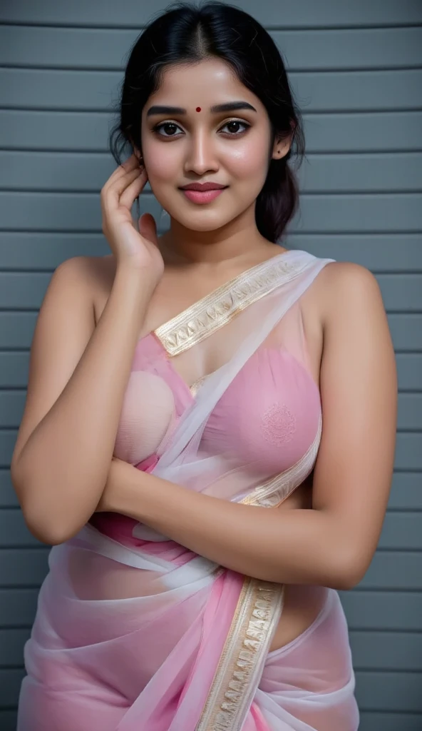 front view, extreme long shot photo of sexy indian, look at viewer and subtle smile, curvy athletic figure, open arms, sexy armpits, sweating, doing push ups in fog, ponytail, necklace, white see through lace bra, pink blouse saree, glossy lips, (cinematic:1.3), intricate details, (ArtStation:1.2)Ponytail, Ponytail, Ponytail, 