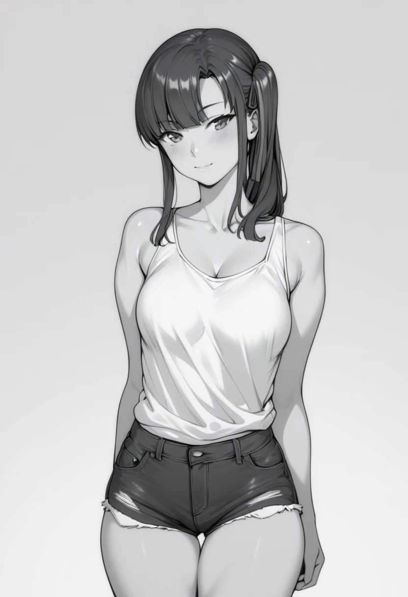 Sakura: dressed in mini shorts ,  a blouse showing the shoulder.  monochrome.