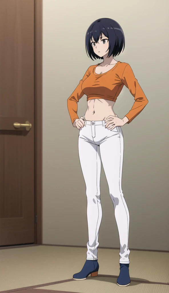 score_9, score_8_up, score_7_up, score_6_up, score_5_up, score_4_up, BREAK,blunt bangs,Gray Hair,Yellow Eyes,ponytail,big breasts,,Overflowing breasts,cap,Sports bra,Jacket,Shorts,boots,Street fashion,Erect nipples,Underboob,White background,Are standing,fine anime screencap_xl, anime screencap