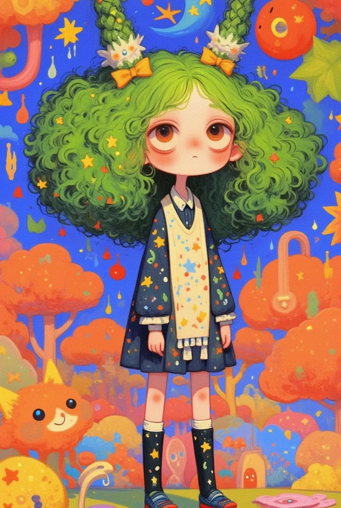   Big Girl with Curly Hair ,Stand in a room , Broccoli Hair   ,     exquisite and detailed digital art   ,  Colorful illustration , Lovely art style, 可爱的数字艺术,   cute illustration  ,  可爱的细节艺术品   , Colorfull illustration,    Art on Artstation   ,    a beautiful art illustration   , Fertility Chart  ,  Cute digital painting , Dream illustration   ,      Hand Drawn Cartoon Art Style, Inspired by Cartoons  