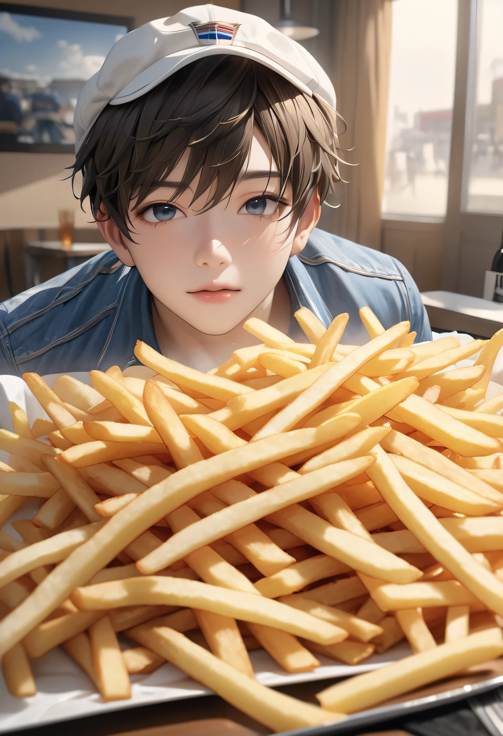 anime boy eating a box of fries while sitting on a couch, with index finger, kaworu nagisa, anime food, relaxed dwarf with white hair, 🍁 cute, cute anime, official art, with fries, ❤🔥🍄🌪, eating chips and watching tv, nagito komaeda, pin on anime, anime boy, 8k!