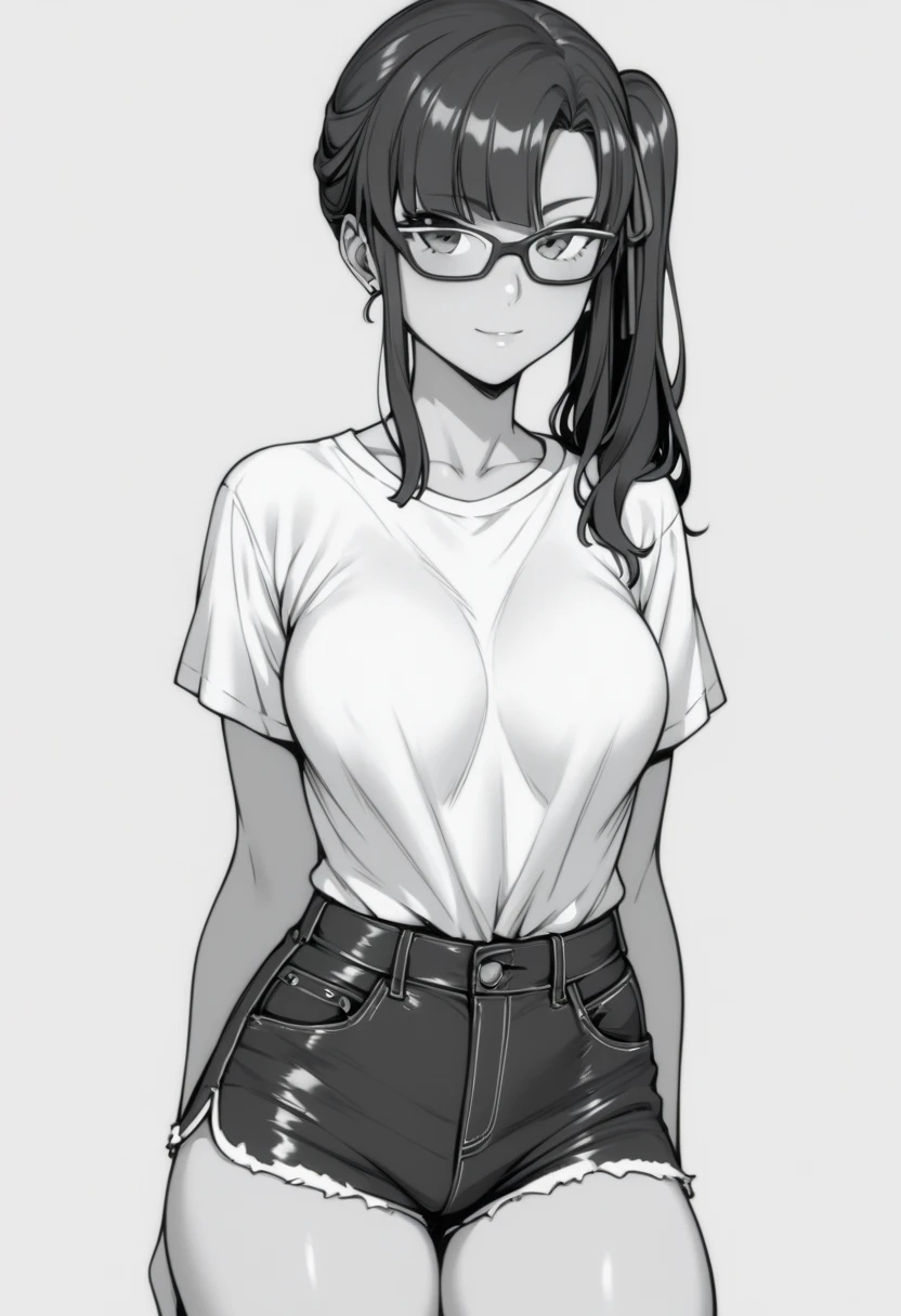 Sakura: dressed in mini shorts ,  a blouse showing the shoulder.  monochrome. wearing glasses 