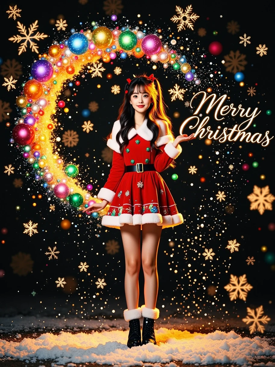 Photography，Realism，surreal image， Large Angle Panoramic Full View Display ， Commercial Art Poster Design ，Colorful black background，Scattered Snowflakes ，1 Girl，Christmas costumes，Warm light， English Title Dream Christmas Merry Christmas