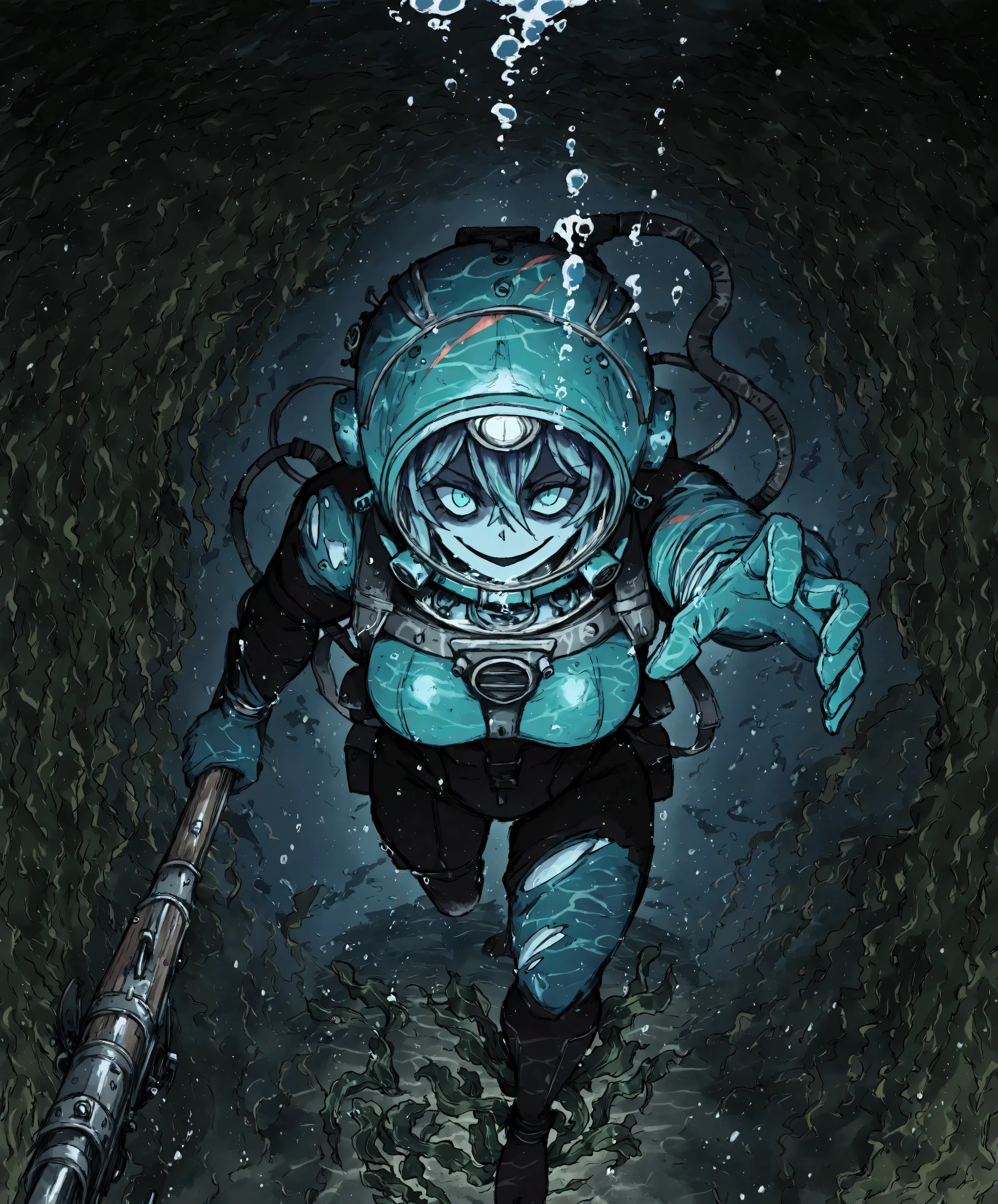 female deep sea Diver walking along the sea floor amongst shipwrecks, she's holding a rusty spear gun and her deep sea diving helmet is rusty as well as her diving suit is ripped and torn while emanating a ghostly green Glow, underwater, shipwrecks, deep sea diving helmet, 4K ultra detail the comma half and done, holding up in gun, reaching out with one hand, barnacles, seaweed, (Mark 5 diving helmet:1.5), shipwrecks, walking, horror_(theme), ghost, evil, looking at viewer, holding spear gun, ghostly green Glow, 1girl, solo, large_breasts, muscular, barnacles, rust, (shipwrecks:1.6), multiple shipwrecks, (phantom deep sea diva:1.4), broken air hose, bubbles, (underwater:1.7), upper body, portrait, pov, evil_eyes, evil_smile, night, darkness, [barnacles on diving suit], rusty_diving_suit, line_art, ghostly green Glow, phantom of the sea, (evil smile:1.3), ((Draped in seaweed:1.6)), Background, Detailed background, skeleton