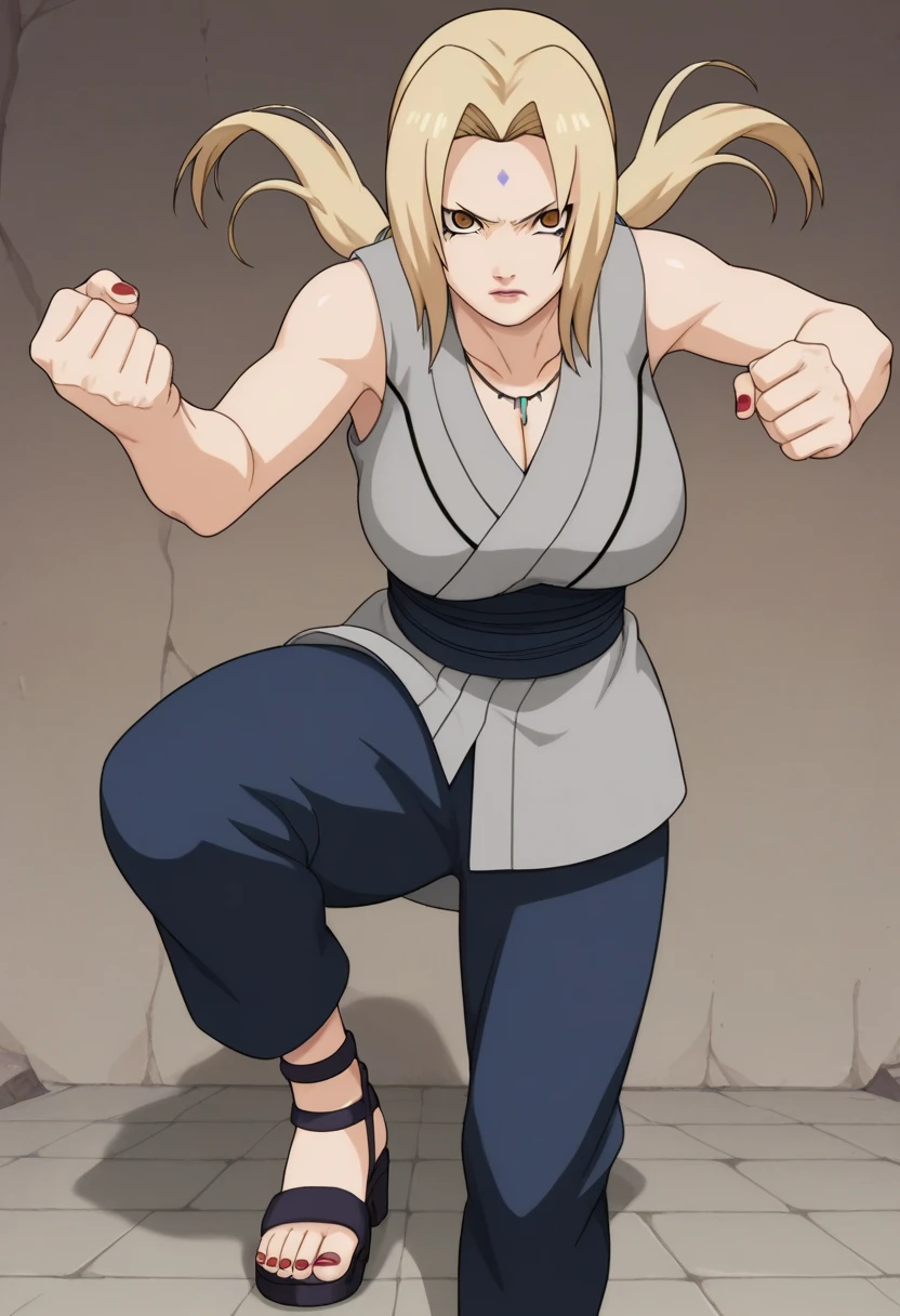 score_9, score_8_up, score_7_up,
ツ,  1 girl, Tsunade  (Naruto), ( watching viewers ), Blonde,  rose twin tail , Mark on the forehead,  brown eyes,  Big Breasts , Grey kimono,  sleeveless kimono,  blue pants ,  Sandals,  clevis on a stone, Red nails, 
 Is chest  ,  crooked one leg , 
Serious, Open lips, under your bust , Clenched hands, 
 simple background,  perfect lighting,
