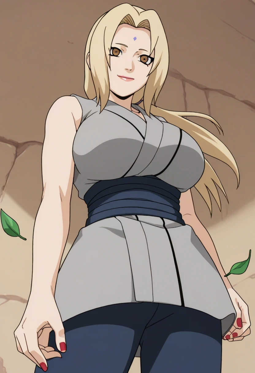 score_9, score_8_up, score_7_up,
ツ,  1 girl, Tsunade  (Naruto), ( watching viewers ), Blonde,  rose twin tail , Mark on the forehead,  brown eyes,  Big Breasts , Grey kimono,  sleeveless kimono,  blue pants ,  clevis on a stone, Red nails, 
from below,  place your hand on your lower back, upper body, 
smile, , shy,   Closed Mouth , 
 simple background,  perfect lighting, wind, Green leaves, glass, 
