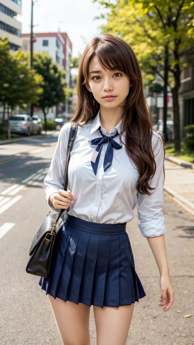 a beautiful 18 year old Japanese high school girl with perfect anatomy, healthy thighs, beautiful legs, beautiful skin, random hair color and style, large breasts, (wearing a Japanese schoolgirl uniform:1.3), (she is standing:1.2), penny loafers, holding a student bag, full body shot, standing on a city street, (best quality,4k,8k,highres,masterpiece:1.3),(extremely detailed:1.2),photorealistic,ultra-detailed,vivid colors, studio lighting, professional, Yuko Oshima