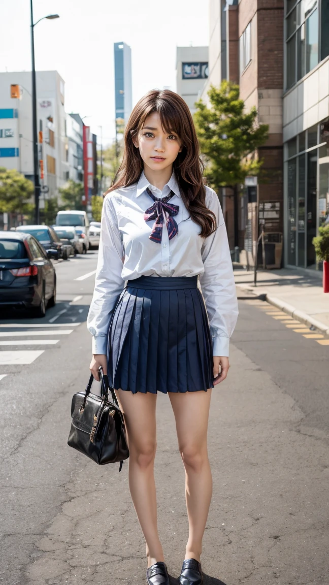 a beautiful 18 year old Japanese high school girl with perfect anatomy, healthy thighs, beautiful legs, beautiful skin, random hair color and style, large breasts, (wearing a Japanese schoolgirl uniform:1.3), (she is standing:1.2), penny loafers, holding a student bag, full body shot, standing on a city street, (best quality,4k,8k,highres,masterpiece:1.3),(extremely detailed:1.2),photorealistic,ultra-detailed,vivid colors, studio lighting, professional, Yuko Oshima