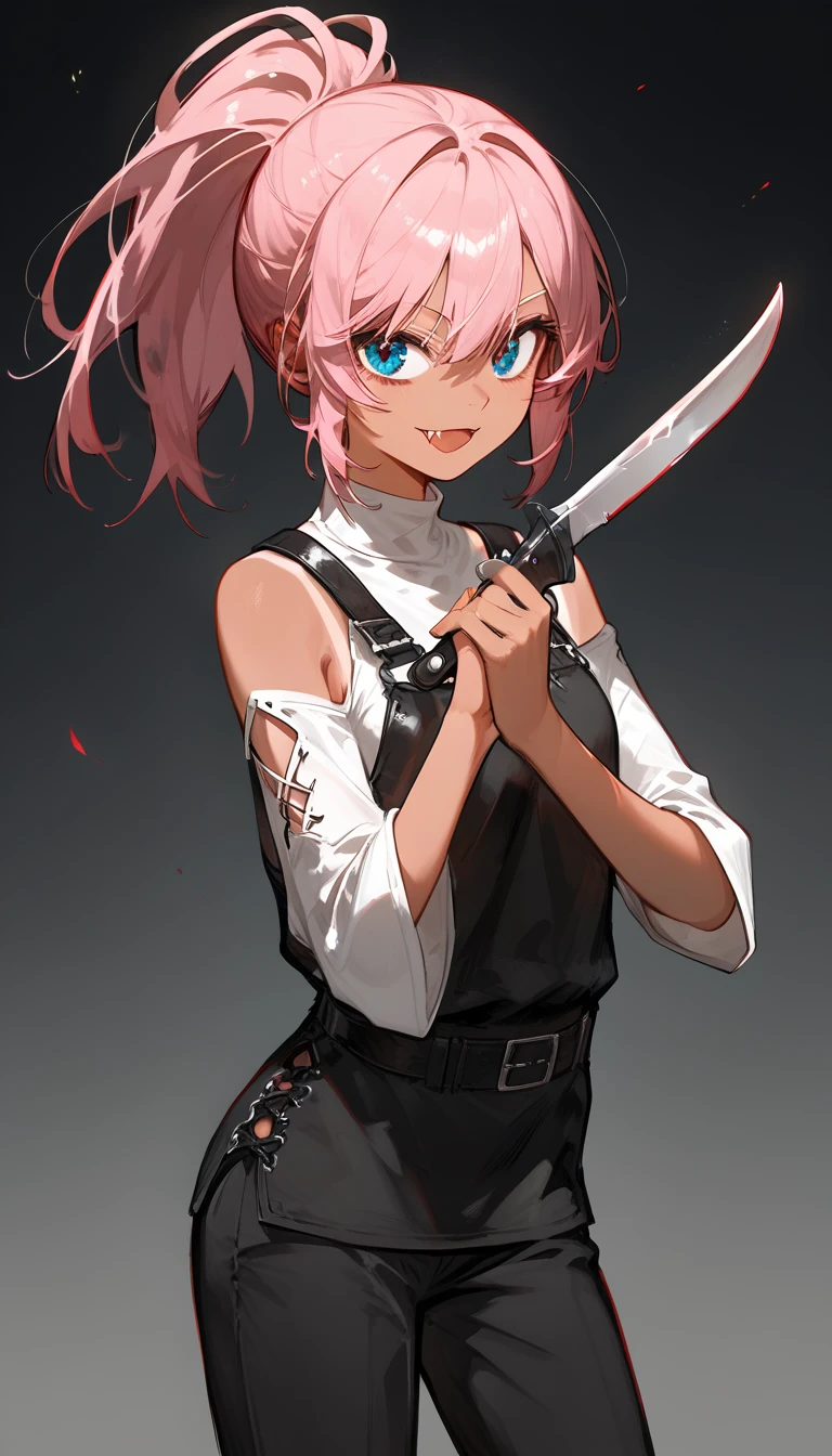 girl,Tan,Light pink hair,  in blue eyes , Small fangs , dark rings under the eyes,  3-sided ponytail , Killer shirt  ,Multiple belts  , Medium chest, , square sleeves  ,หน้าMedium chest,cool,, curving, shrinking, with a terrible smile,Tanned,Curved, shortened black back theme ,Holding a dagger, Black Pants, Double Shoulder Blouse,Black Knife , lick knife 