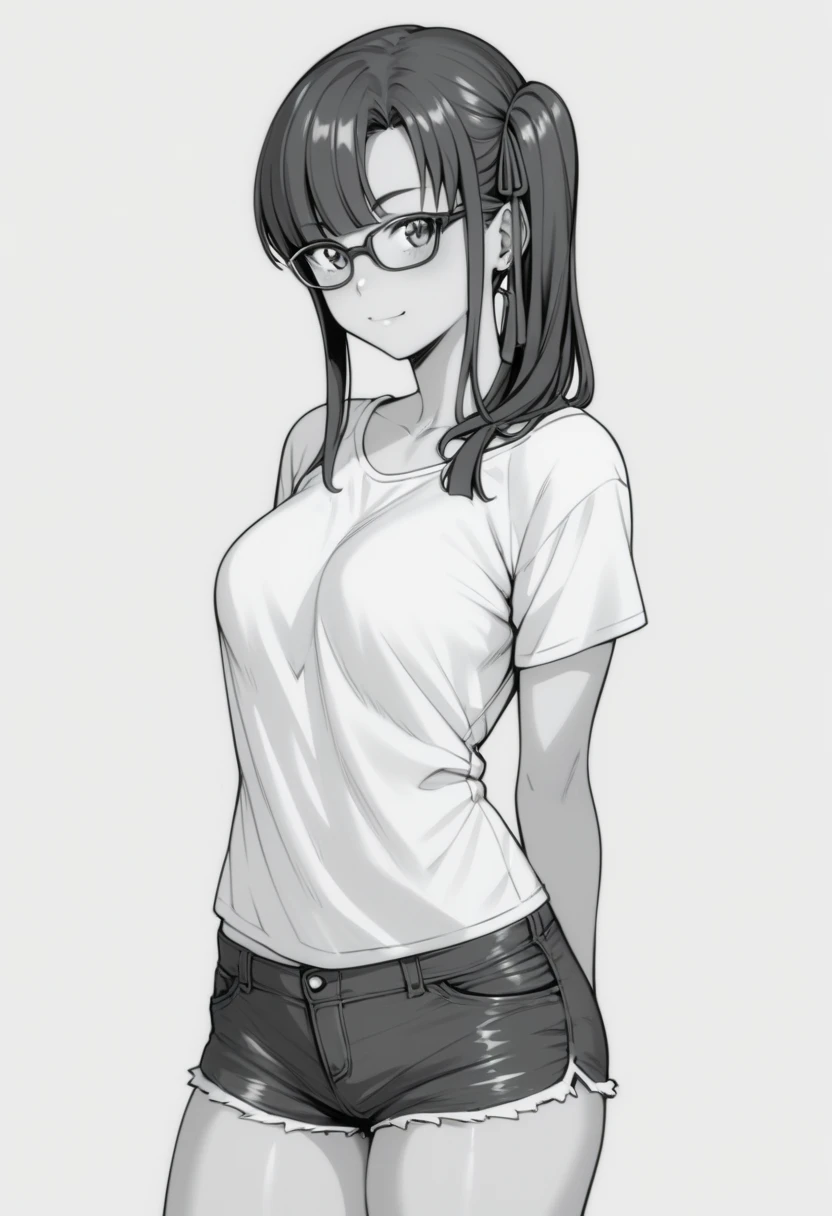 Sakura: dressed in mini shorts ,  a blouse showing the shoulder.  monochrome. wearing glasses , very very short shorts.