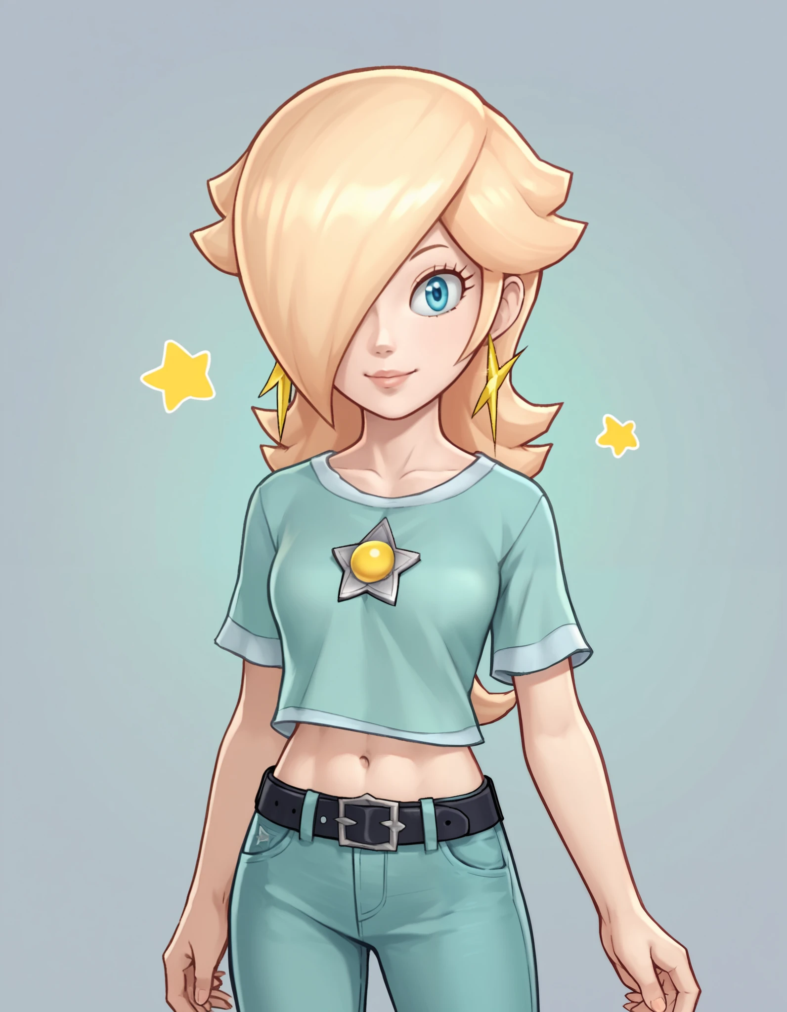 score_9, score_8_up, score_7_up, source_anime, rosalina, blonde hair, blue eyes, hair over one eye, long hair, star earrings, solo, cowboy shot, black t-shirt, taut clothes, midriff, navel, jeans, black belt, smile