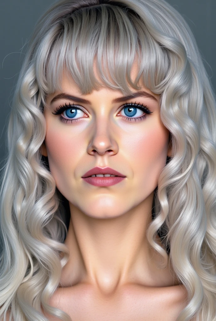 detailed face, detailed body,shiny skin,photorealistic, dutch angle, masterpiece, best quality, amazing quality, very aesthetic, absurdres,  newest, scenery, volumetric lighting,very bulging human eyes,
Slavic appearance,
(Woman, long lush silvery white hair, straight hair,straight bangs above the eyes, dark blue eyes, light blue shadows under the eyes ( makeup), pale skin, light blue lips lipstick (makeup))