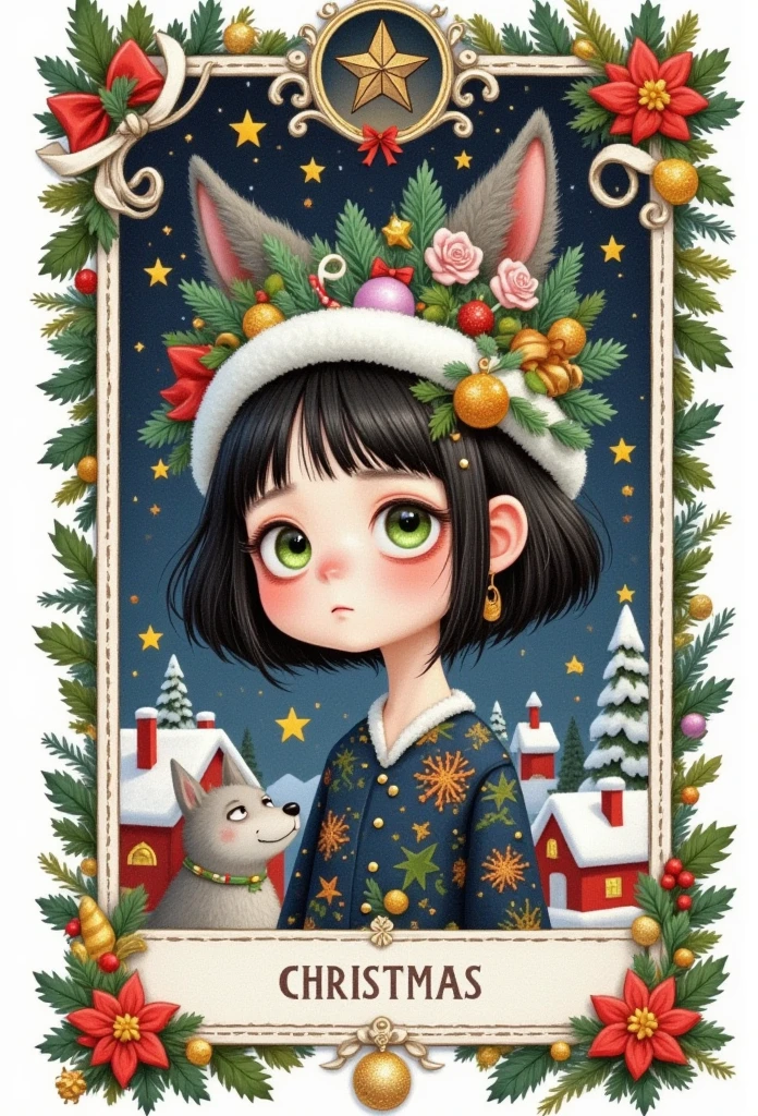  Large Christmas tree ,     Little Match Girl 、 pretty girl , Cute and charming girl,  Beautiful logo on the back of a tarot card in the center of a white background，  with female eyes  ，The pupils are green， reflects a dark forest  ，  with a gray wolf's head and a house  , painting \(medium\) , night, Sky和银河系,  One star                  \(Sky\),                 One star                  \(symbol\),     watercolor \(medium\),   lots of white background and tarot frame   、　 Beautiful garden on the head  