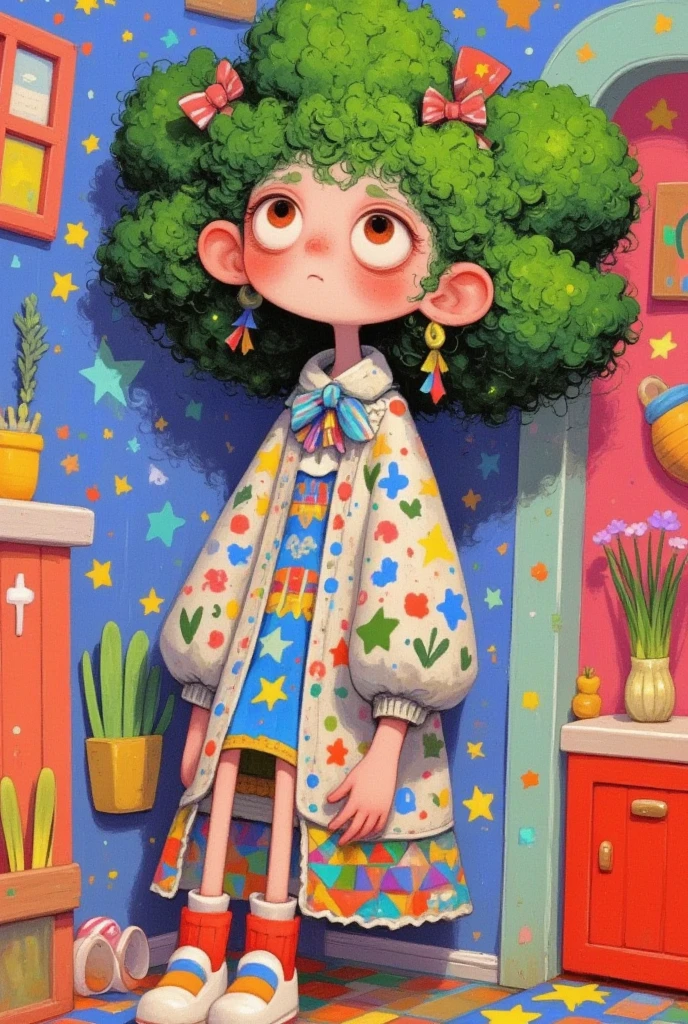   Big Girl with Curly Hair ,Stand in a room , Broccoli Hair   ,     exquisite and detailed digital art   ,  Colorful illustration , Lovely art style, 可爱的数字艺术,   cute illustration  ,  可爱的细节艺术品   , Colorfull illustration,    Art on Artstation   ,    a beautiful art illustration   , Fertility Chart  ,  Cute digital painting , Dream illustration   ,      Hand Drawn Cartoon Art Style, Inspired by Cartoons  