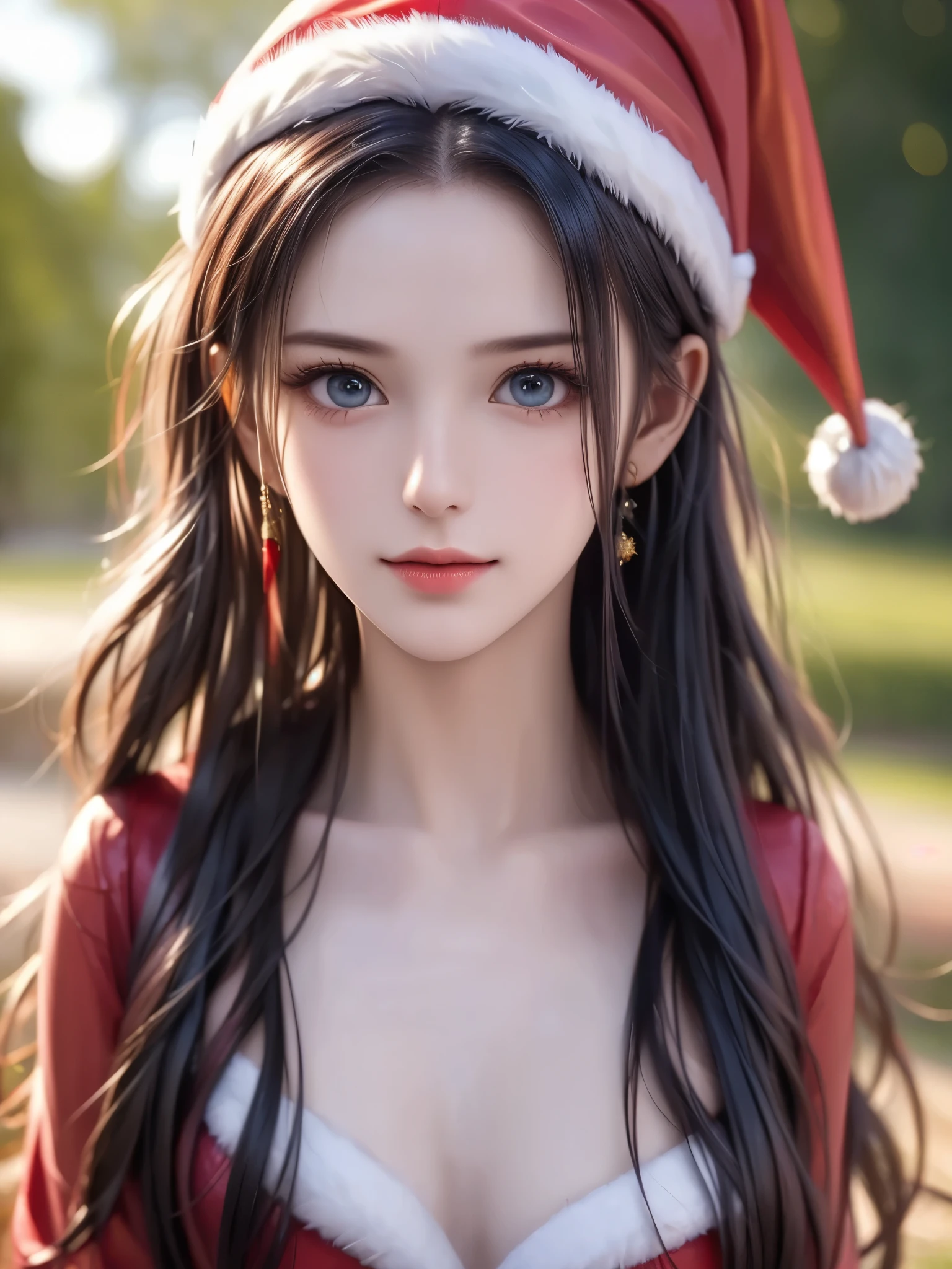  top quality 、 super high res、(Photographically: 1.4)、 beautiful eyes、 very beautiful in a chair 、 shiny hair、Thin hair、 Merry Christmas 、 christmas tree、smile、(( red Santa Claus costume 、Santa hat、Forehead))